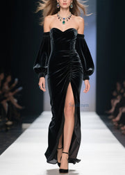 Fine Cold Shoulder Side Open Velvet Long Dress Fall