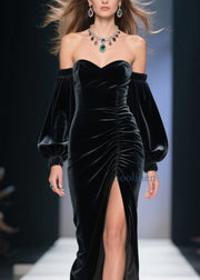 Fine Cold Shoulder Side Open Velvet Long Dress Fall