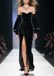 Fine Cold Shoulder Side Open Velvet Long Dress Fall