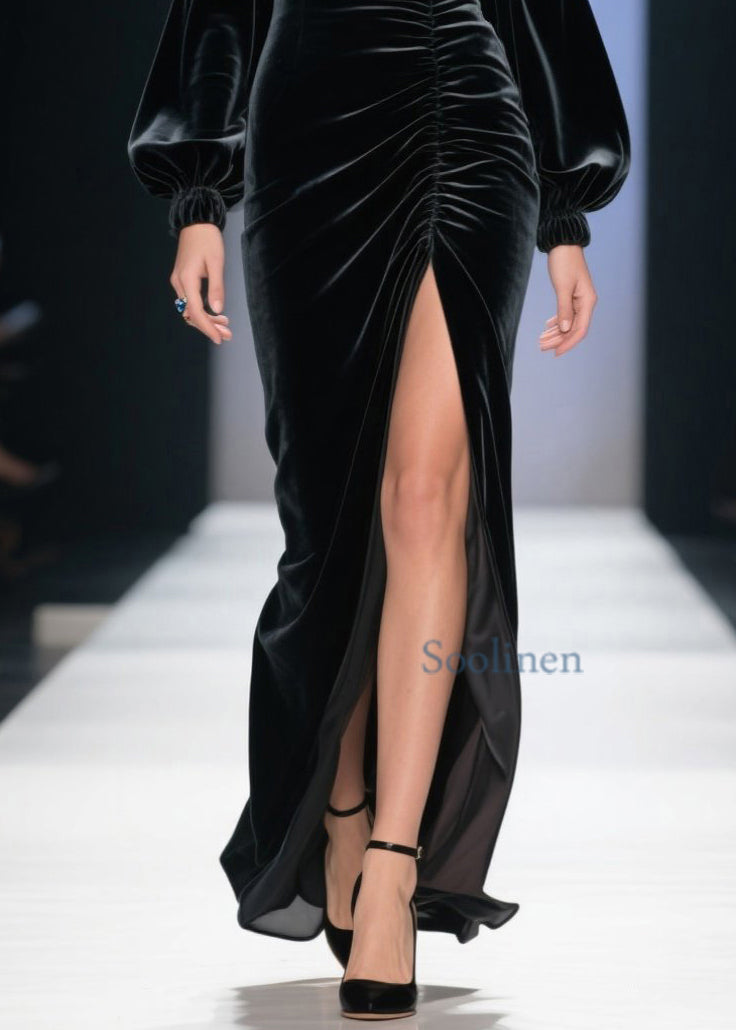 Fine Cold Shoulder Side Open Velvet Long Dress Fall