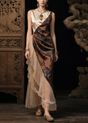 Fine Colorblock Asymmetrical Patchwork Ruffles Silk Dress Summer