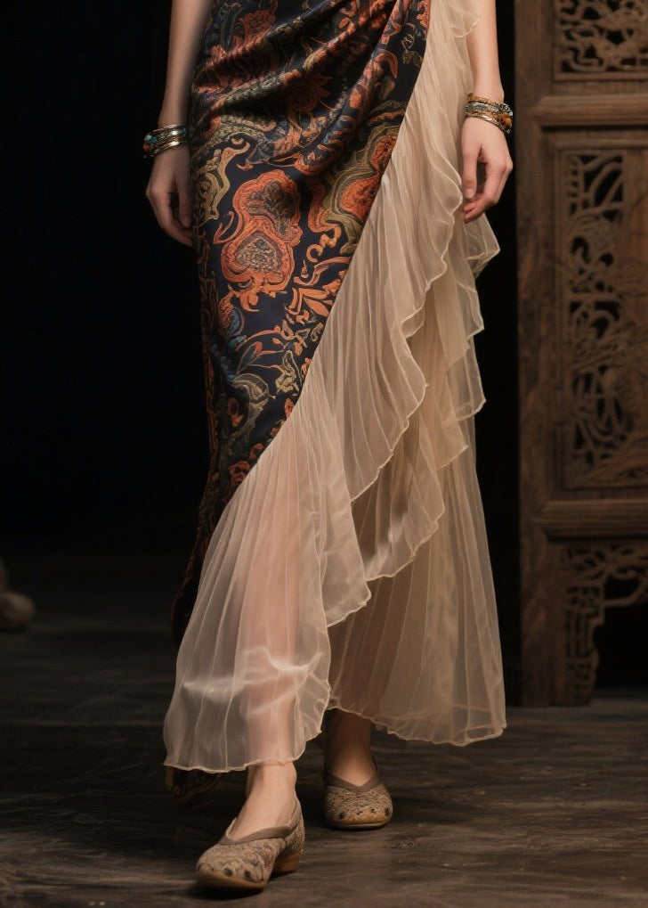 Fine Colorblock Asymmetrical Patchwork Ruffles Silk Dress Summer