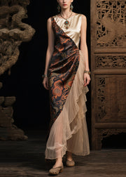 Fine Colorblock Asymmetrical Patchwork Ruffles Silk Dress Summer