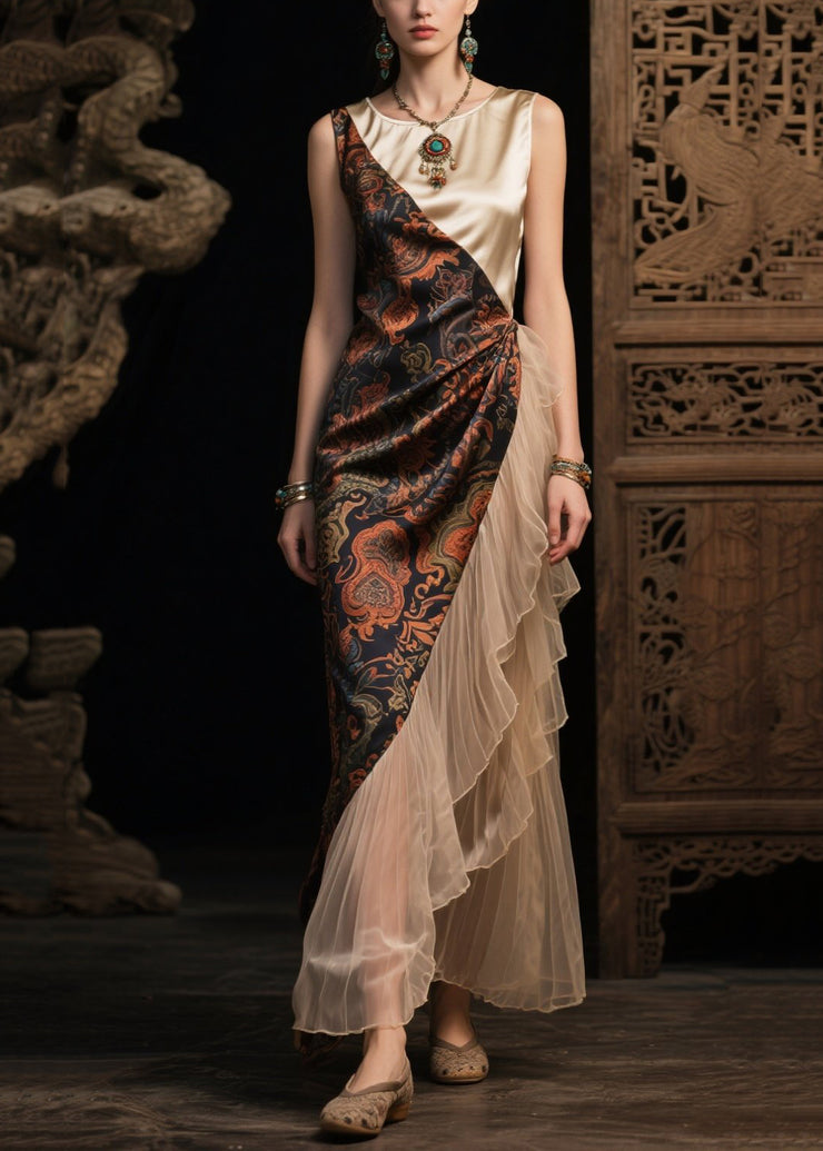 Fine Colorblock Asymmetrical Patchwork Ruffles Silk Dress Summer