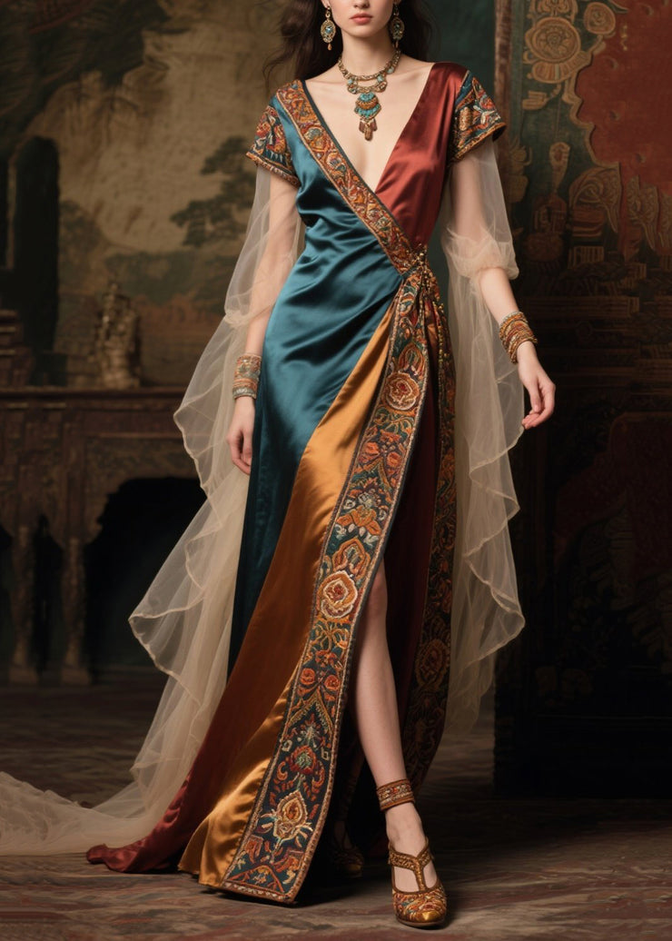 Fine Colorblock Asymmetrical Patchwork Tulle Maxi Dress Summer