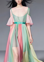 Fine Colorblock O Neck Wrinkled Patchwork Chiffon Long Dress Summer