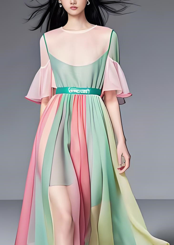Fine Colorblock O Neck Wrinkled Patchwork Chiffon Long Dress Summer