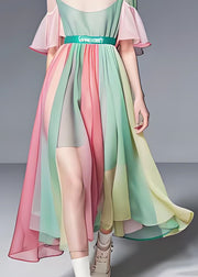 Fine Colorblock O Neck Wrinkled Patchwork Chiffon Long Dress Summer