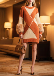 Fine Colorblock Patchwork Faux Fur Long Sweater Winter