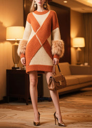 Fine Colorblock Patchwork Faux Fur Long Sweater Winter