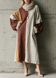 Fine Colorblock Pockets Patchwork Cotton Long Dress Fall