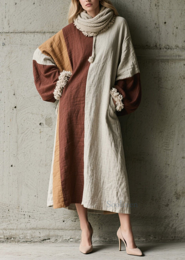 Fine Colorblock Pockets Patchwork Cotton Long Dress Fall