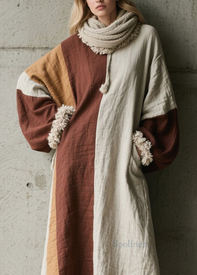 Fine Colorblock Pockets Patchwork Cotton Long Dress Fall