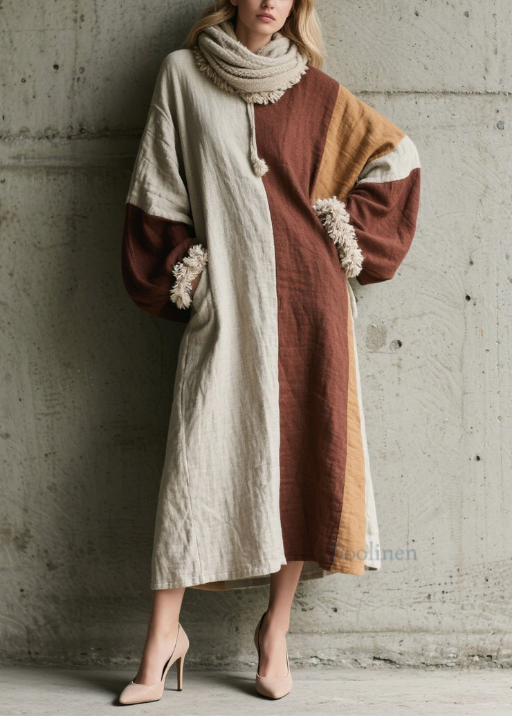 Fine Colorblock Pockets Patchwork Cotton Long Dress Fall