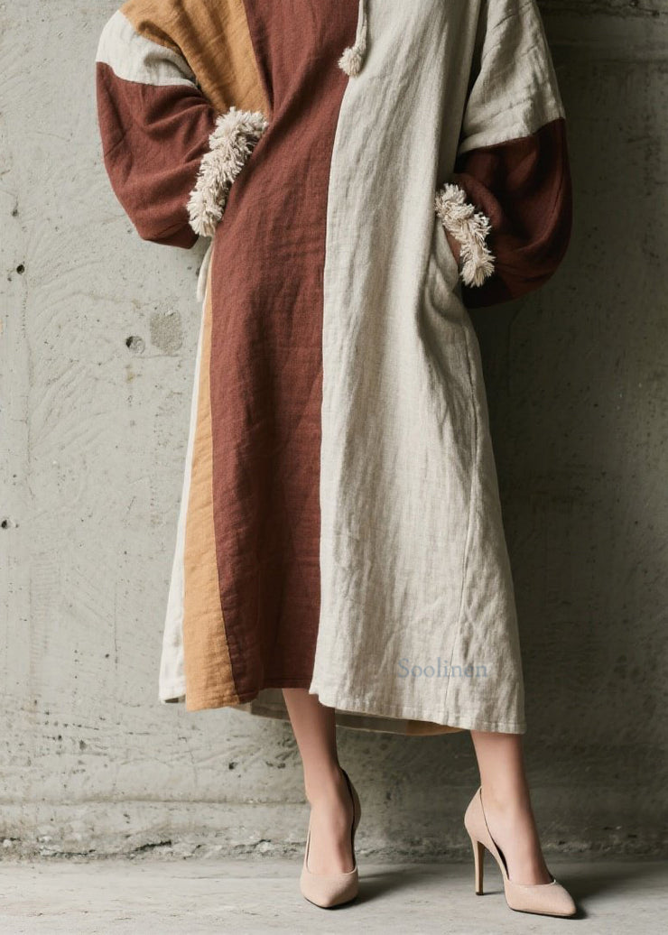 Fine Colorblock Pockets Patchwork Cotton Long Dress Fall