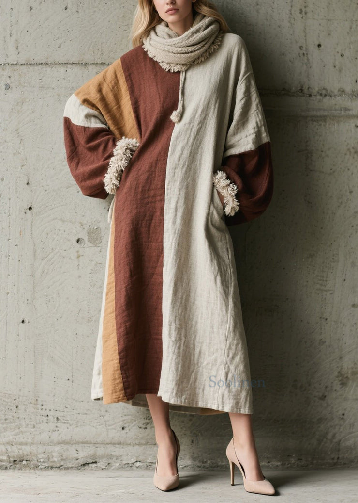 Fine Colorblock Pockets Patchwork Cotton Long Dress Fall