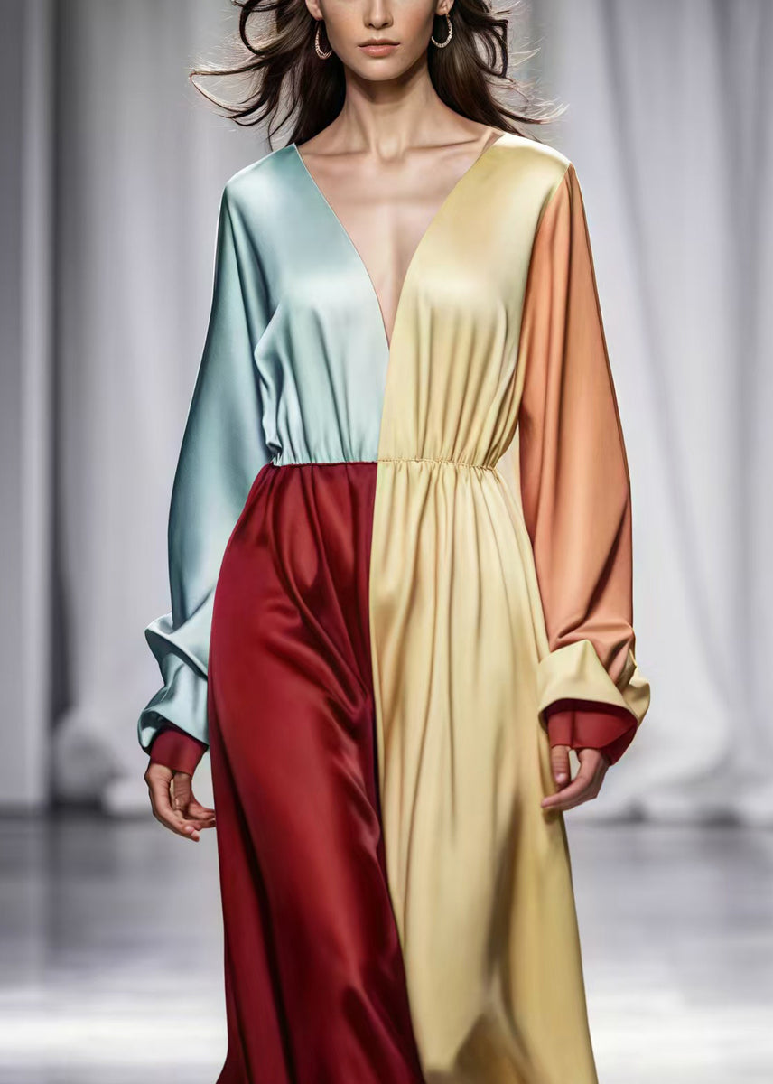 Fine Colorblock V Neck Patchwork Silk Robe Dresses Spring – SooLinen