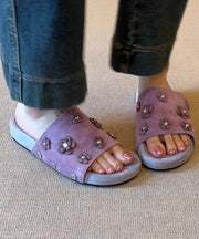 Fine Floral Splicing Purple Suede Slide Sandals Peep Toe
