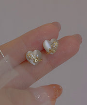 Fine Gold Copper Alloy Love Floral Cat Eye Ston Stud Earrings