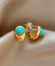 Fine Gold Copper Alloy Turquoise C-Shaped Stud Earrings