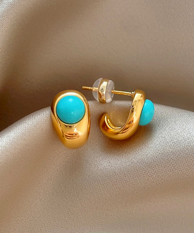 Fine Gold Copper Alloy Turquoise C-Shaped Stud Earrings