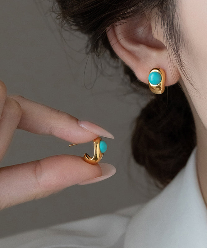Fine Gold Copper Alloy Turquoise C-Shaped Stud Earrings