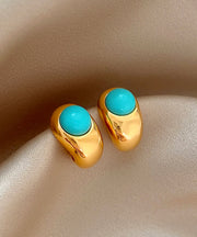 Fine Gold Copper Alloy Turquoise C-Shaped Stud Earrings