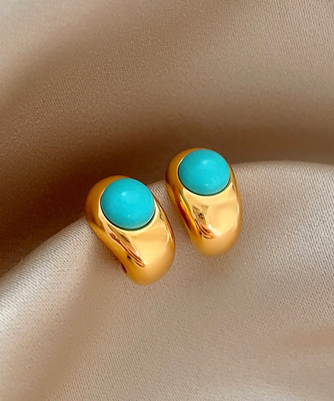 Fine Gold Copper Alloy Turquoise C-Shaped Stud Earrings