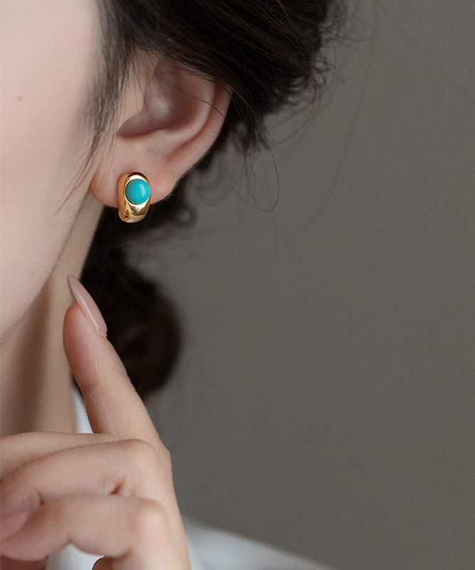 Fine Gold Copper Alloy Turquoise C-Shaped Stud Earrings