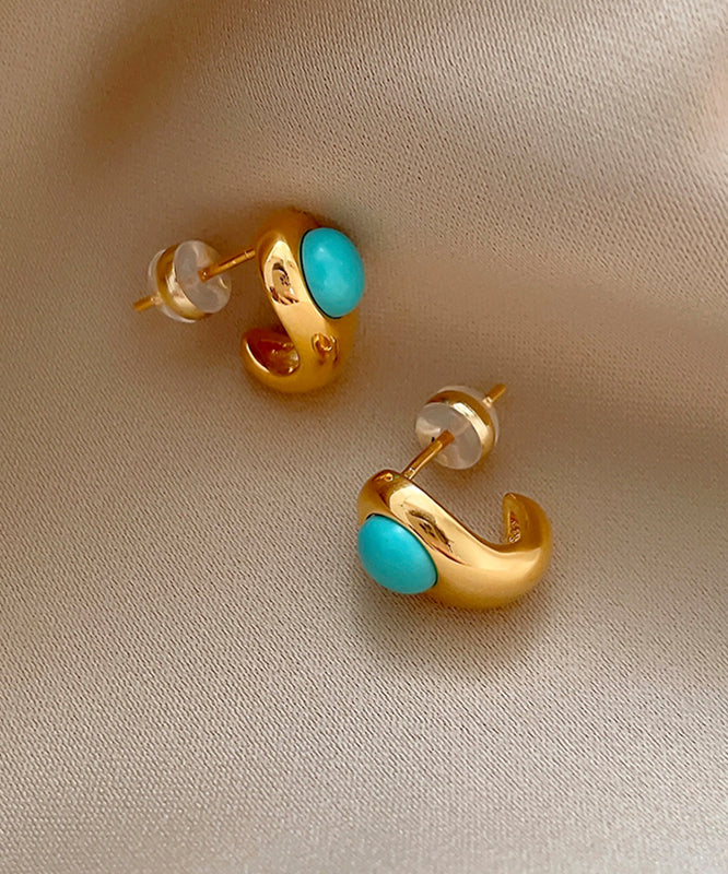 Fine Gold Copper Alloy Turquoise C-Shaped Stud Earrings