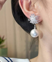 Fine Gold Copper Overgild Snowflake Pearl Drop Earrings