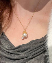 Fine Gold Copper Overgild Zircon Pearl Star Santa's Hat Pendant Necklace