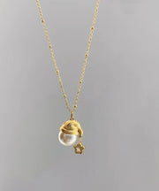 Fine Gold Copper Overgild Zircon Pearl Star Santa's Hat Pendant Necklace