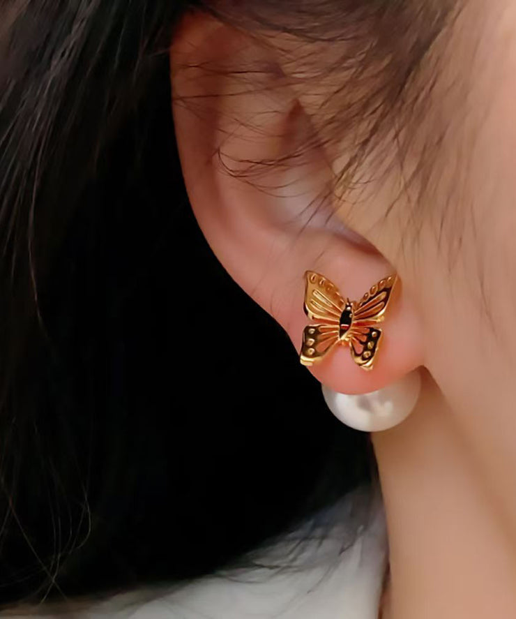 Fine Gold Copper Pearl Hollow Out Butterfly Stud Earrings