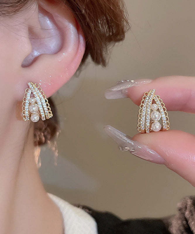 Fine Gold Copper Pearl Zircon Stud Earrings