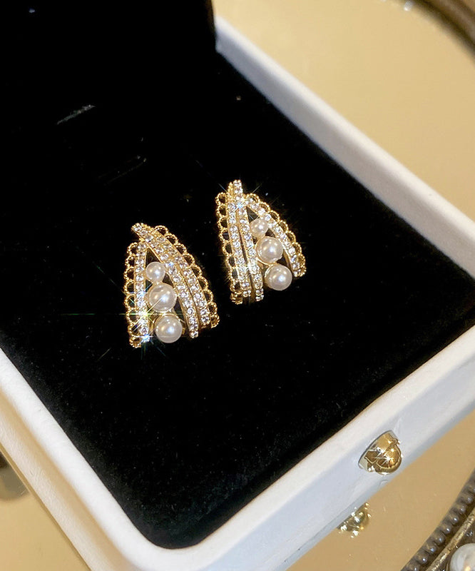 Fine Gold Copper Pearl Zircon Stud Earrings
