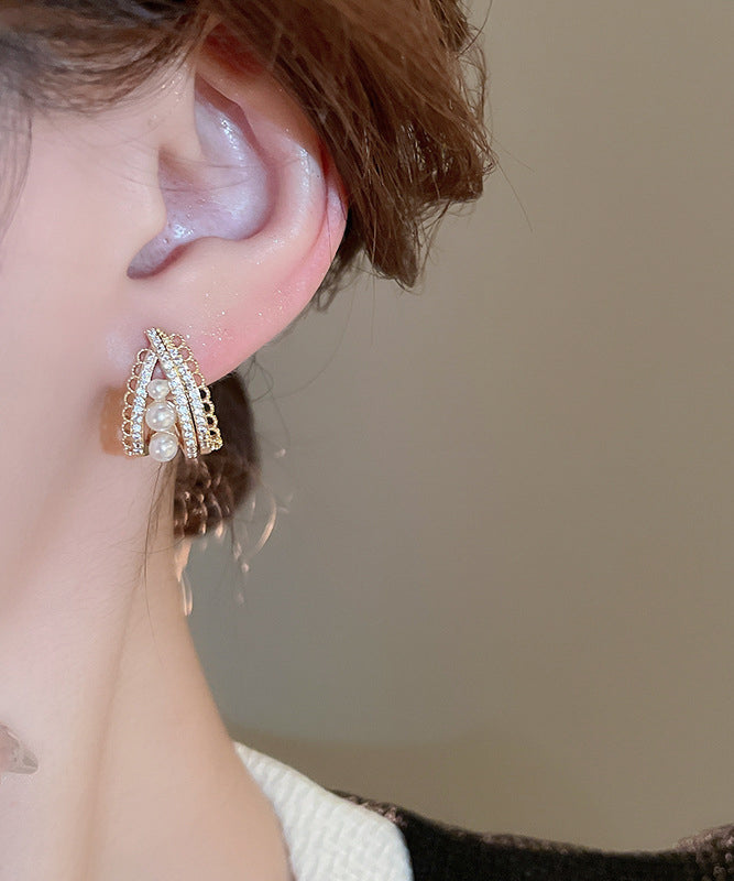 Fine Gold Copper Pearl Zircon Stud Earrings