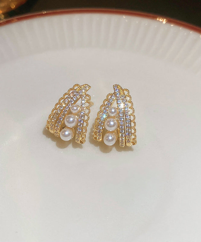 Fine Gold Copper Pearl Zircon Stud Earrings