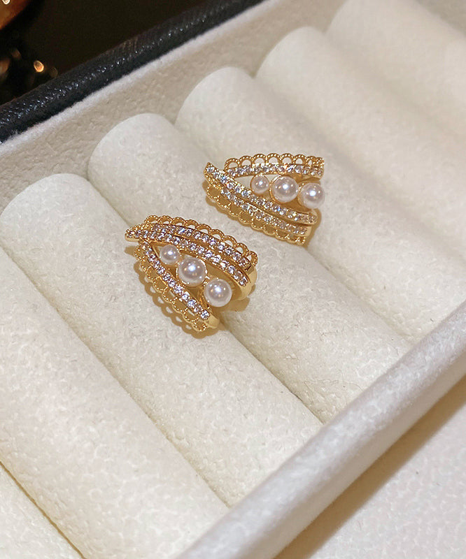 Fine Gold Copper Pearl Zircon Stud Earrings