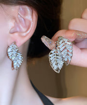 Fine Gold Copper Zircon Hollow Out Leaf Stud Earrings