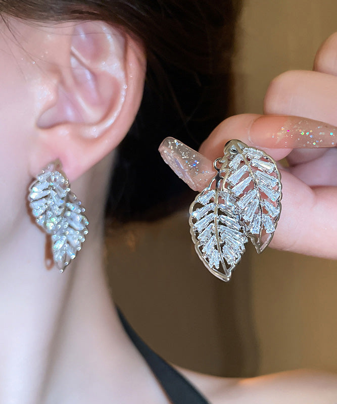 Fine Gold Copper Zircon Hollow Out Leaf Stud Earrings