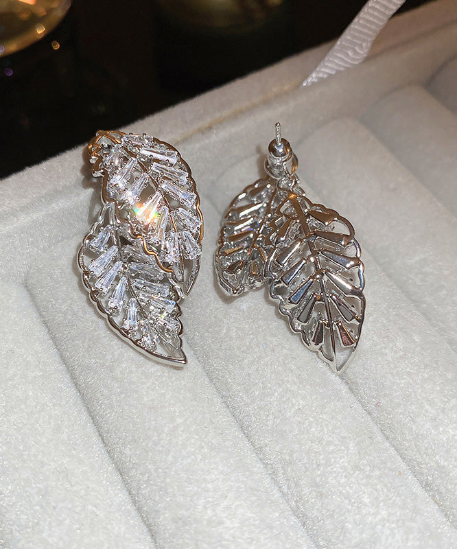 Fine Gold Copper Zircon Hollow Out Leaf Stud Earrings