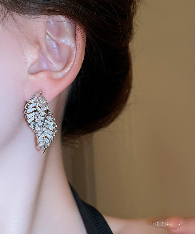 Fine Gold Copper Zircon Hollow Out Leaf Stud Earrings