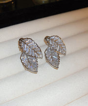 Fine Gold Copper Zircon Hollow Out Leaf Stud Earrings