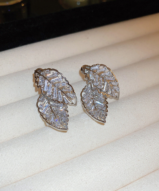Fine Gold Copper Zircon Hollow Out Leaf Stud Earrings