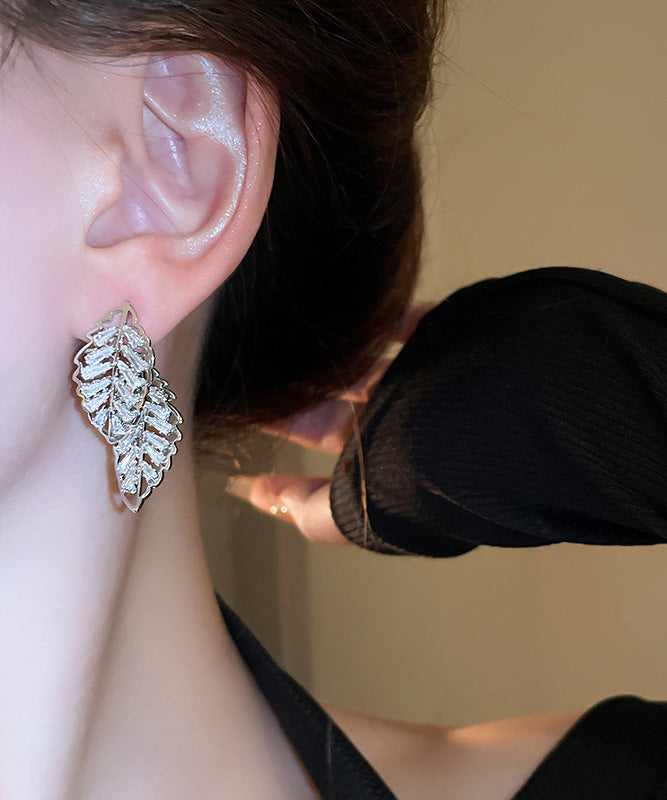 Fine Gold Copper Zircon Hollow Out Leaf Stud Earrings