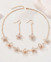 Fine Gold Metal Alloy Floral Hollow Out Lariat Necklace And Drop Earrings Two-Piece Set