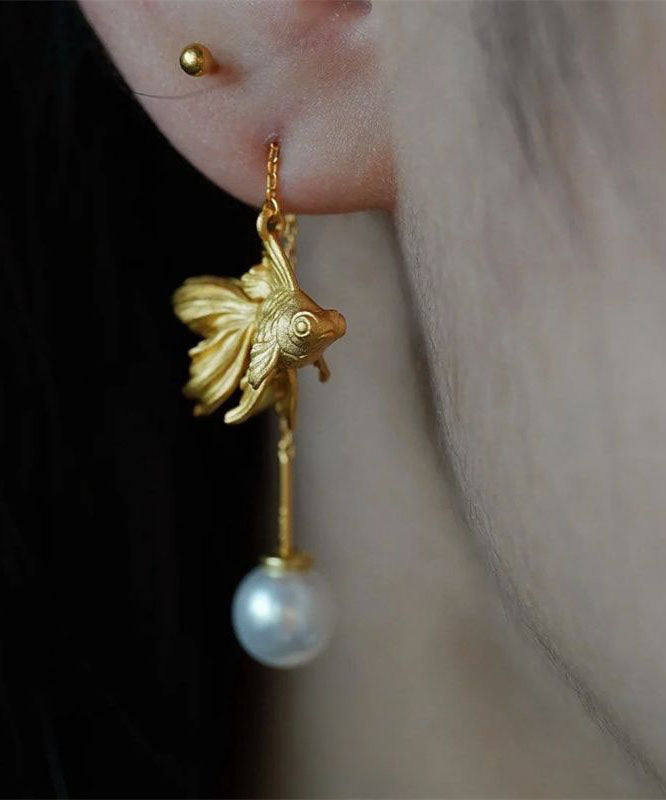 Fine Gold Steling Silver Overgild Pearl Goldfish Drop Earrings