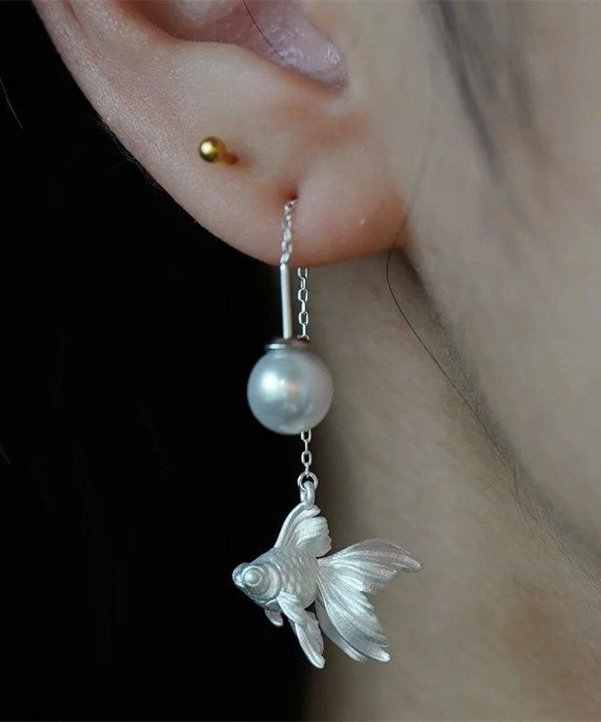 Fine Gold Steling Silver Overgild Pearl Goldfish Drop Earrings