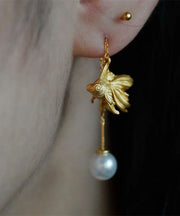 Fine Gold Steling Silver Overgild Pearl Goldfish Drop Earrings